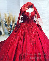 Red Sequins Lace Wedding Dress Ball Gown Long Sleeves